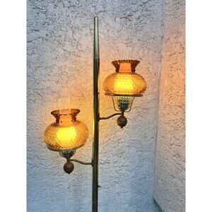 Vintage Brass double Hurricane Amber Hobnail Floor Lamp 65” Tall